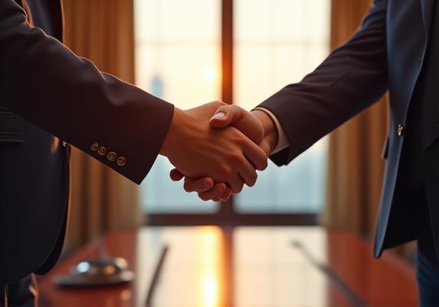 Two professionals shaking hands across a boardroom table