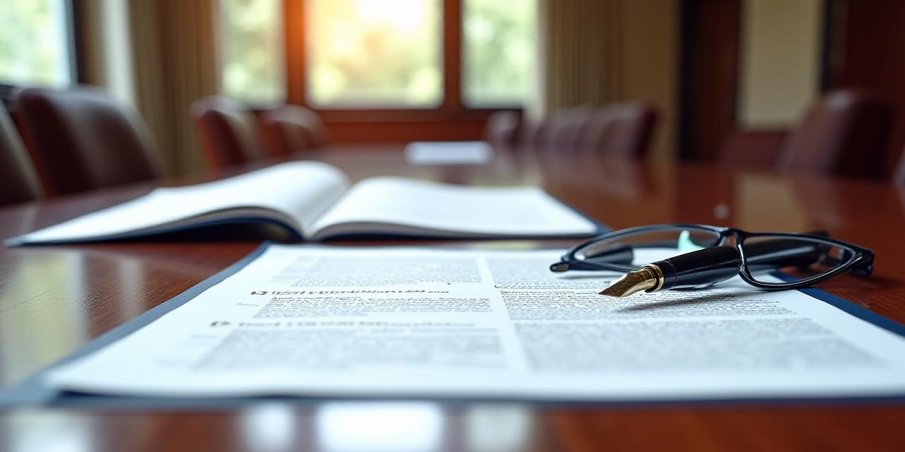 Close up of legal professionals reviewing contracts at a polished wooden table